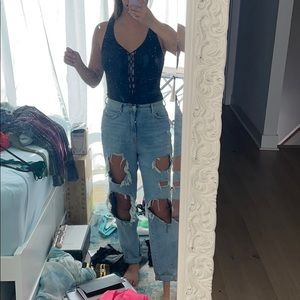 Lace Up Black Ribbed Bodysuit